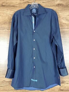 English Laundry Mens Dress Shirt 16 34/35 Blue Striped Flip Cuff Cotton Long Slv